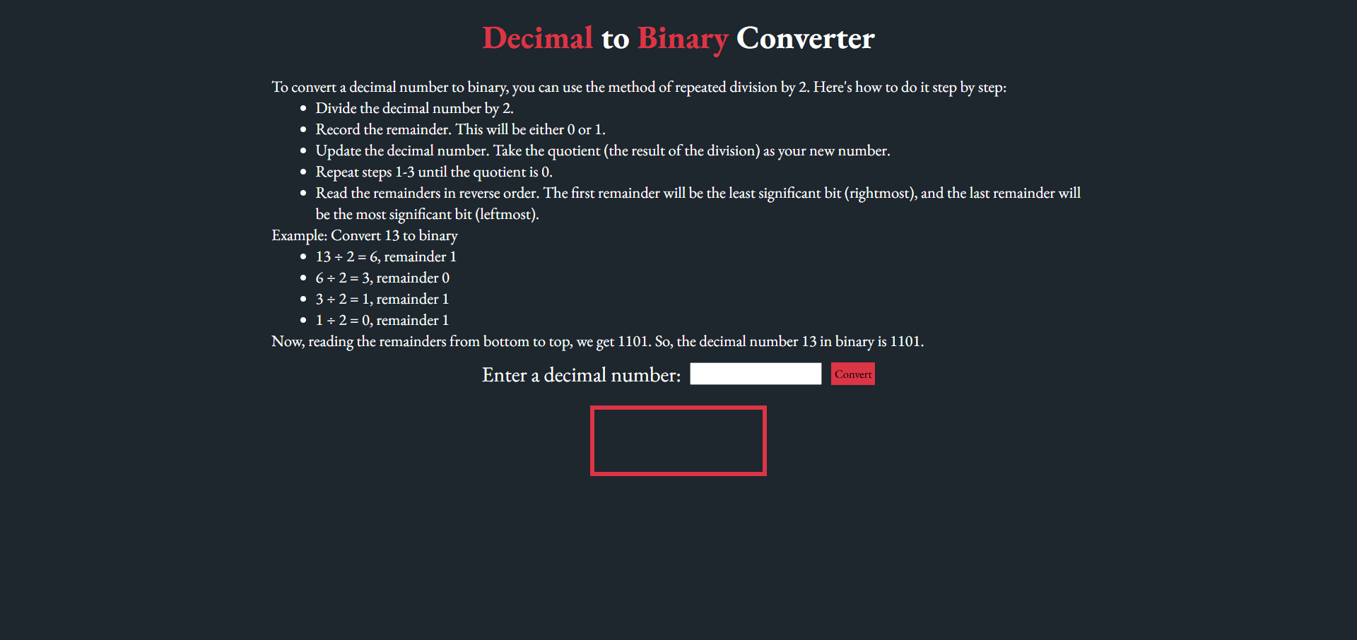Decimal to Binary Converter project