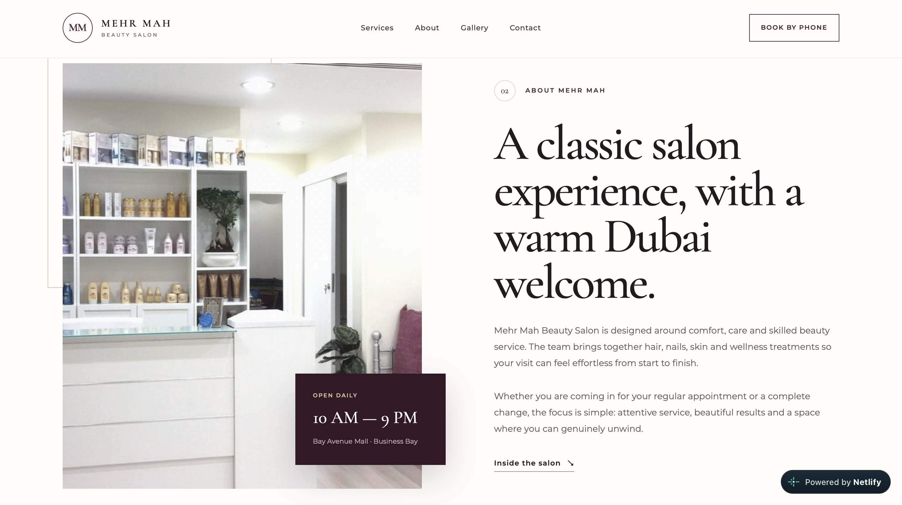 Mehr Mah Beauty Salon website homepage